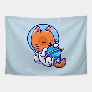 Cute Cat Astronaut Hug Planet In Space Cartoon Tapestry