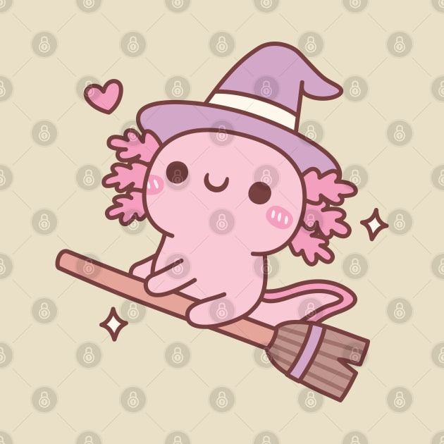 Cute Axolotl Witch Flying On A Broom by rustydoodle