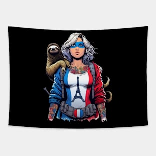 Francais: Female 90's Comic Book Hero with Sloth Tapestry