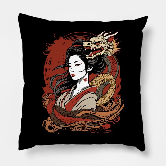 Asian Woman And Chinese Dragon Pillow by TMBTM