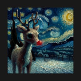 Guiding Starlight: Rudolph's Starry Night - Van Gogh-Inspired Reindeer Art T-Shirt