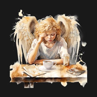 Sleepy Angel Before Coffee Watercolor Style T-Shirt