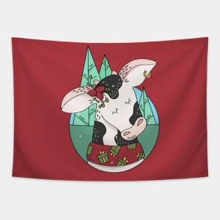 Cute Christmas Cow Illustration // Festive Animal Cartoon Tapestry