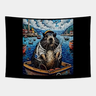 watercolor groundhog gone fishing on boat Tapestry