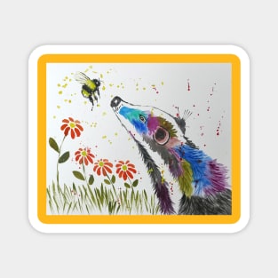 Colourful Badger and a Bee among Flowers Magnet