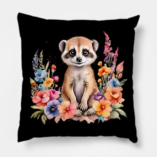 A meerkat decorated with beautiful watercolor flowers Pillow