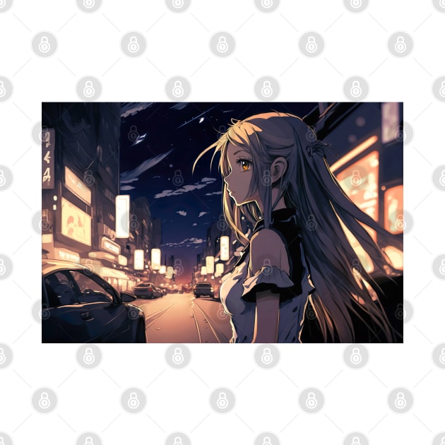 Cute Anime Girl at Night in Tokyo Crossing Street - Anime Wallpaper by KAIGAME Art