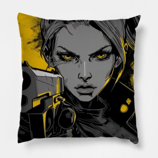 Japanese Samurai Girl Urban Cyberpunk Style Yellow Pillow