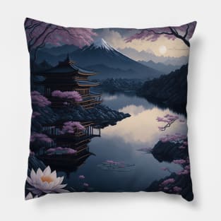 Serene Mount Fuji Sunset - Peaceful River Scenery - Lotus Flowers Pillow