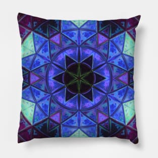 Mosaic Kaleidoscope Flower Blue Teal and Purple Pillow