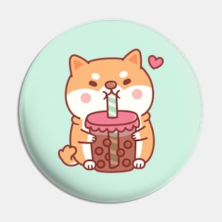 Cute Chubby Shiba Inu Dog Loves Bubble Tea Pin