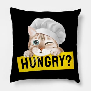 Cute cat in chef hat holding hungry sign illustration Pillow