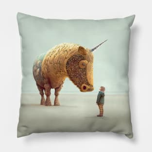 The Mystical Unicorn and the Little Girl on a Dark Background Pillow