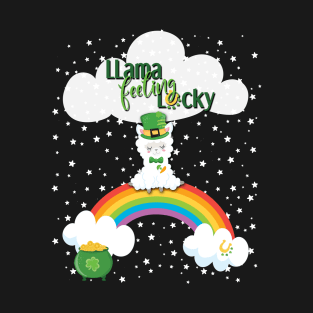 Llama Feeling Lucky - St. Patrick's Day Llama, Rainbow, Clouds & Stars T-Shirt