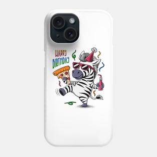 Zebra illustration in a party hat and sunglasses holding a pizza and a bottle. Happy birthday greeting Phone Case