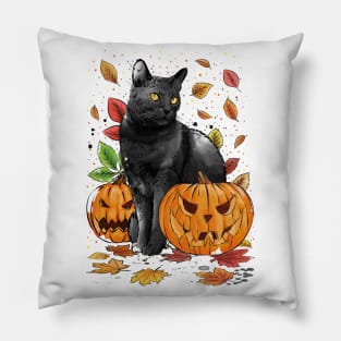 Cat Leaves and Pumpkins Pillow