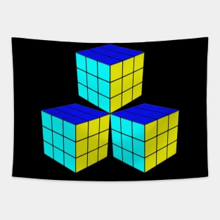 Three Rubik Cubes in a Triangle - Original Colors Tapestry