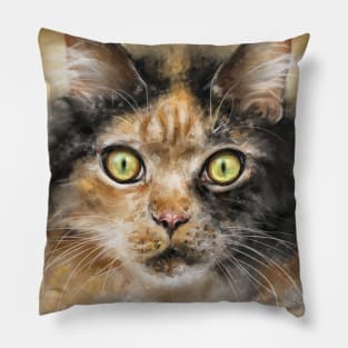 Painting of a Calico Tri-Color Fluffy Cat with Gorgeous Green Eyes Pillow