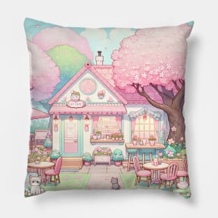 cute cat cafe with pink cherry blossom trees Pillow