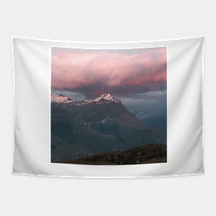 Mountain Peak With Pink Cloud Above During Sunrise Tapestry