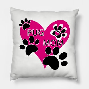 Pug Mom Big Pink Heart Dog Paw Prints Pillow