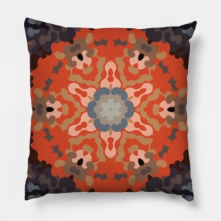 Retro Mandala Flower Orange Blue and Tan Pillow