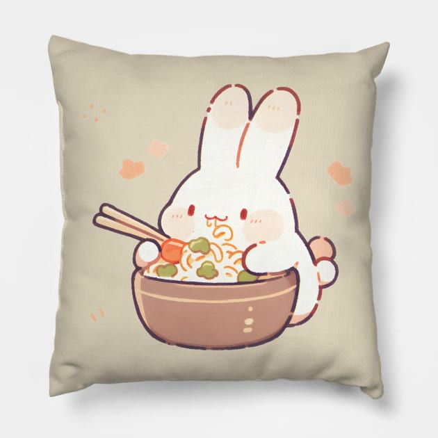 Cute bunny eating noodles Pillow by Klover