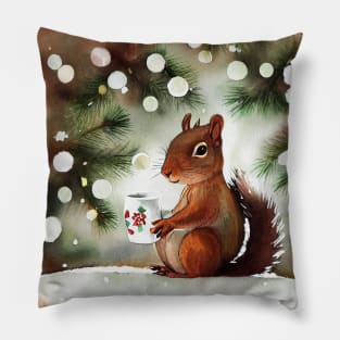 Squirrel drinking eggnog, snowy christmas outdoors Pillow