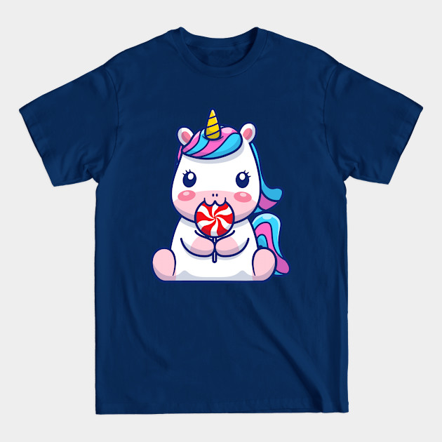 Cute Unicorn Eating Lollipop Cartoon - Unicorn - T-Shirt