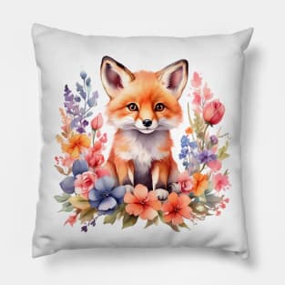 A red fox decorated with beautiful colorful flowers in a watercolor illustration Pillow