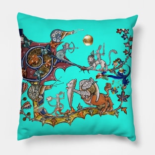 WEIRD MEDIEVAL BESTIARY WAR Between Snails and Killer Rabbits ,Lion,Centaur Knight in Blue Turquoise Pillow