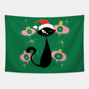 Black Cat with Pink Ornaments Christmas MCM Cartoony Tapestry