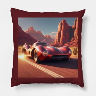 A Retro-Futuristic Racing Car Travelling Through The Arizona Desert At Dusk. Pillow