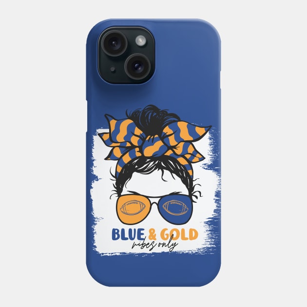 Blue and Gold Vibes Only Football Mom Messy Hair Gameday Phone Case by SLAG_Creative