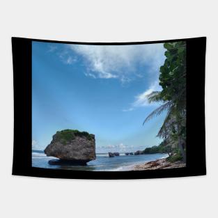 Blue Sky Tropical Beach View with Rocky Calm Ocean Waves Tapestry