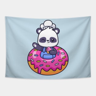 Cute Chef Panda With Donut Holding Cake Cartoon Tapestry