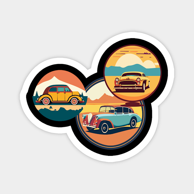 t-shirt design featuring a vintage car with a scenic landscape in the background, detailed illustration, and retro style2 Magnet by goingplaces