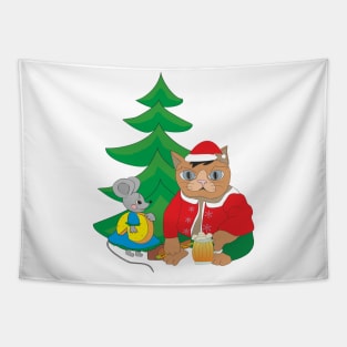 Cat Mouse and Christmas tree Tapestry