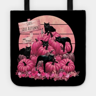 Cats and pink Pumpkin Patch autumn with sing that say cat love autumn, cat pumpkinsin and sunset, color autumn, orange,hello fall autumn lovers Tote