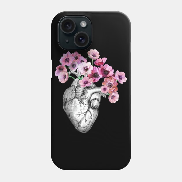 Pink Anemones Heart Human Anatomy Phone Case by Collagedream