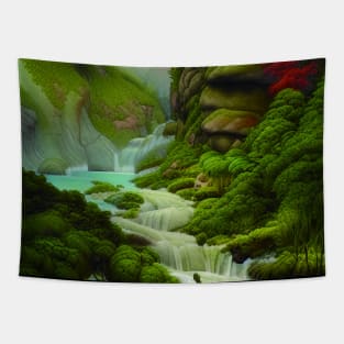 Beautiful River Under Mountains with Plants Tapestry