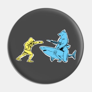 Man vs Bear who has a machine gun who rides a Shark Pin