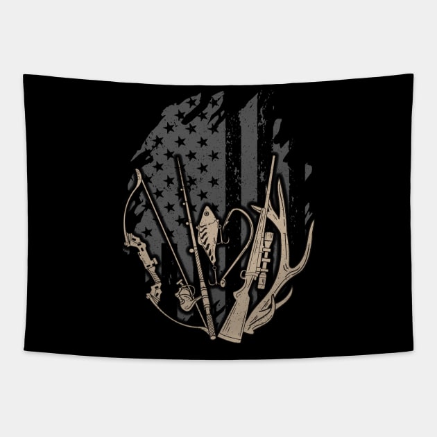 American Flag Fishing And Hunting Gifts Patriotic USA Hunter Tapestry by Proficient Tees