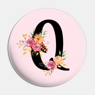 Letter Q With Watercolor Floral Wreath Pin