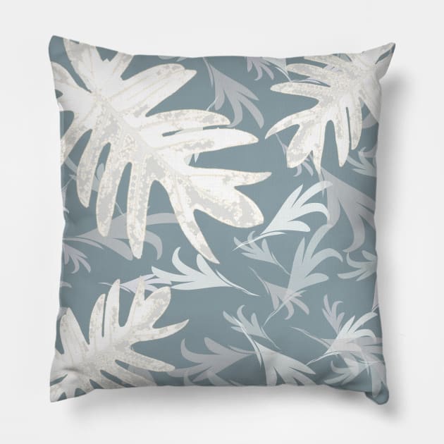 Trio palm leaves White on blue 2, pale-blue , tropical fall TeePublic Pillow by PrintedDreams