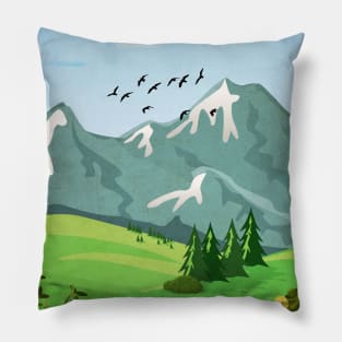 Illustrated Mountain Nature Scene Pillow