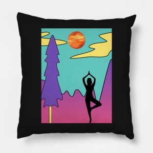 Animated Yoga Mountains Sun and River Graphic Pillow