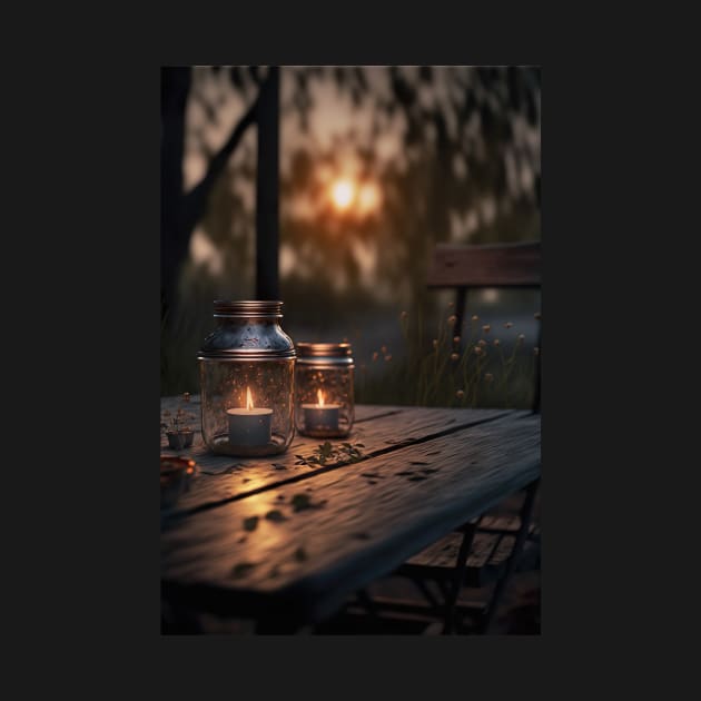 If nature was a candle - Vintage candle in bottle on a rustic picnic table by UmagineArts