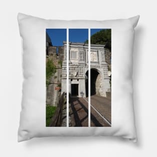 Gorizia, Italy. The castle. It stands between the walls of the ancient village, what medieval sources cite as Upper Land. Friuli Venezia Giulia. Sunny spring afternoon day (vertical) Pillow