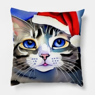 Blue Eyed Cat in a Santa Hat Watercolor Pillow